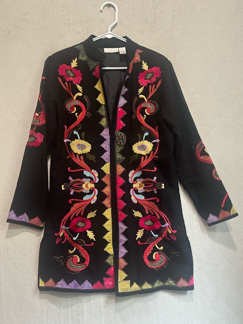 Soft Surroundings Black Embroidered Floral Jacket with Multicolor Accents